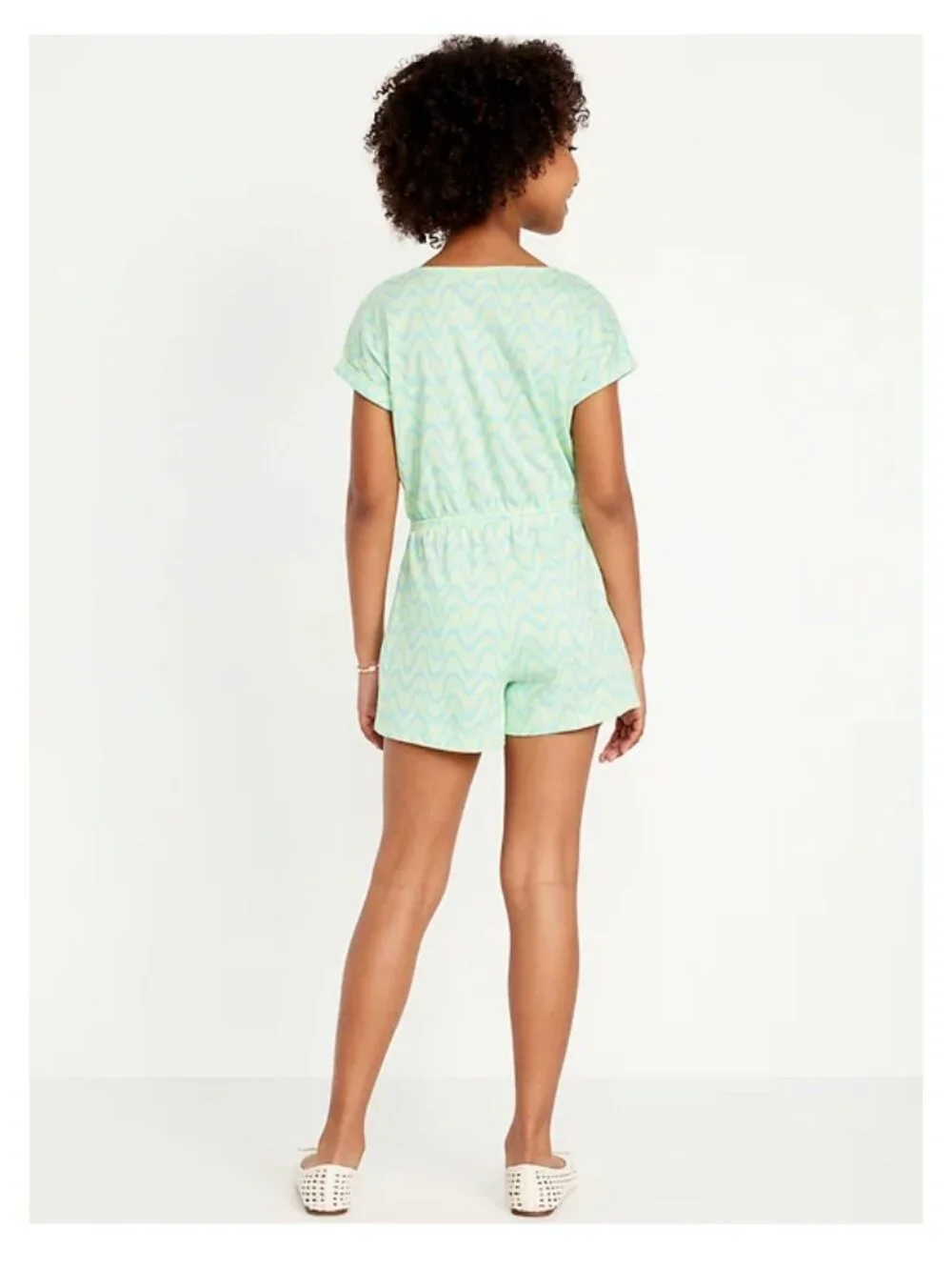 Old Navy Printed Short-Sleeve Button-Front Romper for Girls Green Wave S